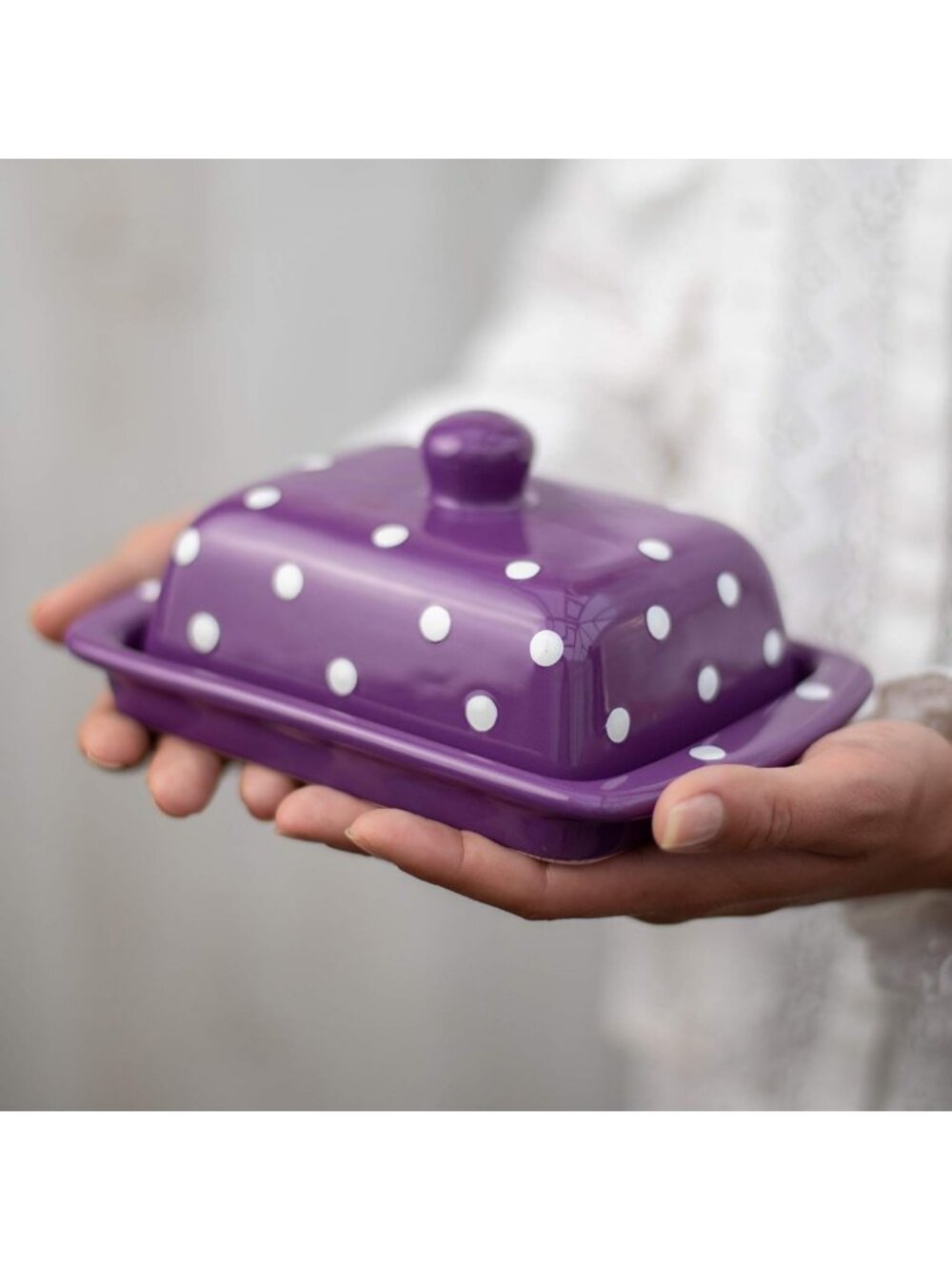 Large Ceramic Butter Dish with Lid - Handcrafted Purple Polka Dot Butter Keeper